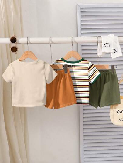 SHEIN مجموعة قميص وشورت قصير الأكمام بطبعات حيوانات وأشكال كرتونية لطفل صغير، مناسبة للصيف، ملابس صيفية للأطفال الصغار، مجموعة ملابس صيفية للأولاد الرضع، مجموعة ملابس عادية للأطفال الرضع