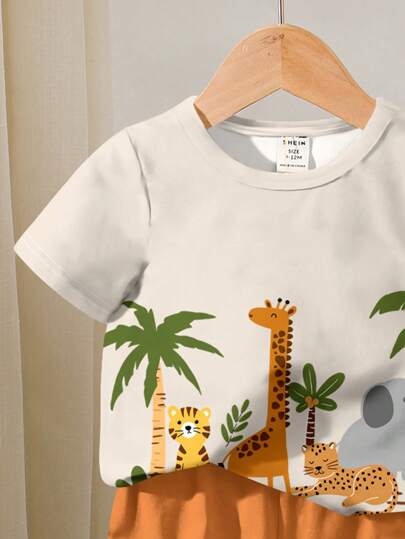 SHEIN مجموعة قميص وشورت قصير الأكمام بطبعات حيوانات وأشكال كرتونية لطفل صغير، مناسبة للصيف، ملابس صيفية للأطفال الصغار، مجموعة ملابس صيفية للأولاد الرضع، مجموعة ملابس عادية للأطفال الرضع