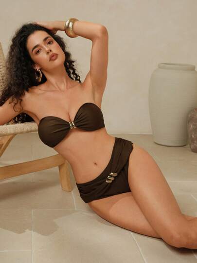 طقم تانكيني حريمي Swim Chiccia 3 قطعة/طقم للنساء بتصميم صيفي ، خزان علوي بدون أكمام مزين بطرف معدني قابل للإزالة وسترة بيكيني قصيرة مع تنورة قصيرة- طقم ملابس سباحة راقي
