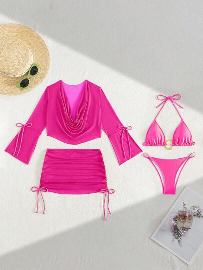 طقم تانكيني حريمي Swim SXY 4 قطع / مجموعة جديدة من بيكيني المثلث بأربطة السباغيتي بلون واحد مع شبكة ، وأعلى بأكمام طويلة فضفاضة، وتنورة مصغرة ذات ربطة جانبية مجعدة، أنيق وجذاب لحفلات الشاطئ والإجازة