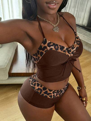 طقم تانكيني حريمي Slaydiva بدلة سباحة شرابة نسائية سوداء باطقم مكونين، ذات تصميم متنوع للوان وبطبعة جلد الفهد