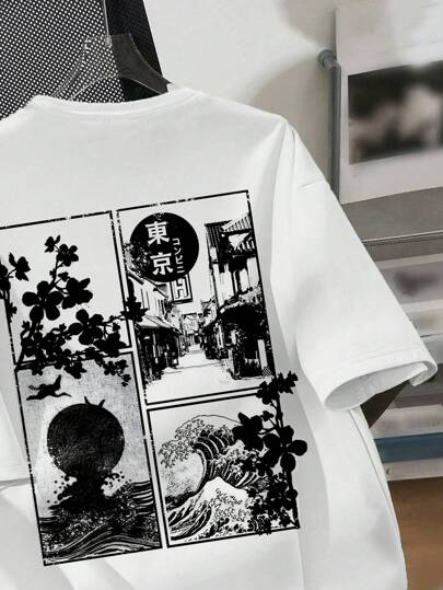 SHEIN قميص تي شيرت قصير الأكمام بطباعة كرتونية عصرية، مناسب للأولاد المراهقين في الصيف