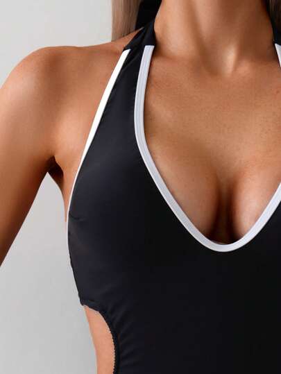 مايوه حريمي قطعة واحدة Swim Basics بدلة سباحة قطعة واحدة ذات رقبة عميقة وظهر مكشوف جذابة للعطلات/المواعدة