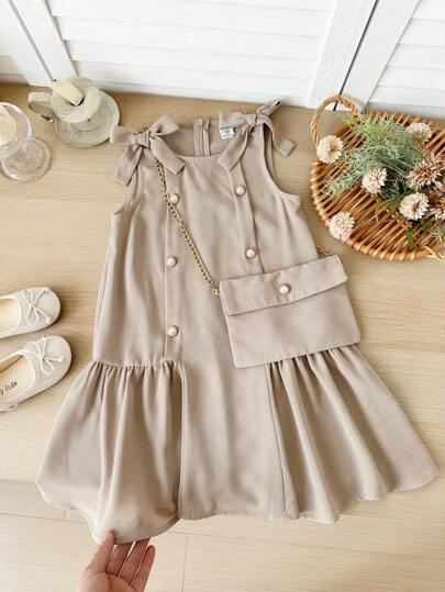SHEIN LMoss Kids فستان بناتي بياقة مستديرة بدون أكمام وقص ضيق بلون واحد