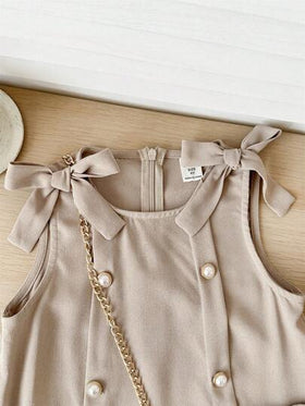 SHEIN LMoss Kids فستان بناتي بياقة مستديرة بدون أكمام وقص ضيق بلون واحد