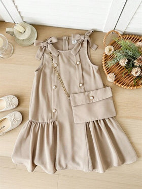 SHEIN LMoss Kids فستان بناتي بياقة مستديرة بدون أكمام وقص ضيق بلون واحد