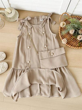 SHEIN LMoss Kids فستان بناتي بياقة مستديرة بدون أكمام وقص ضيق بلون واحد