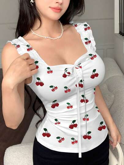 Modelyn ملابس علوية كشكش أنيق بطبعة الكرز للنساء، الصيفي بحمالات وظهر مكشوف