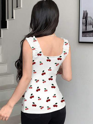 Modelyn ملابس علوية كشكش أنيق بطبعة الكرز للنساء، الصيفي بحمالات وظهر مكشوف