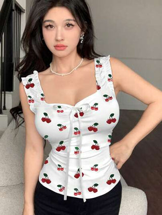 Modelyn ملابس علوية كشكش أنيق بطبعة الكرز للنساء، الصيفي بحمالات وظهر مكشوف