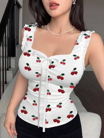 Modelyn ملابس علوية كشكش أنيق بطبعة الكرز للنساء، الصيفي بحمالات وظهر مكشوف