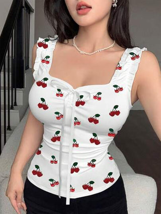Modelyn ملابس علوية كشكش أنيق بطبعة الكرز للنساء، الصيفي بحمالات وظهر مكشوف