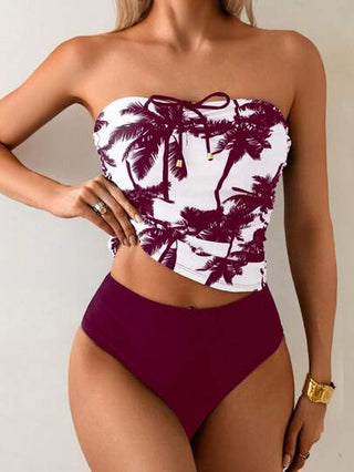طقم تانكيني حريمي Swim Lushoire بدلة بكيني للنساء مكونة من 2 قطعة عشوائية طبعة أشجار النخيل في الأعلى والجزء السفلي باللون الأحادي، مناسبة للعطلات الصيفية والشاطئ ولعطلة ربيعية
