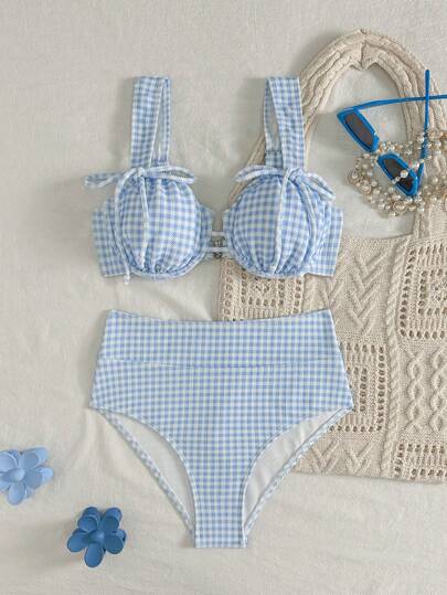 طقم تانكيني حريمي Swim Mod مجموعة ملابس سباحة للنساء تتكون من توب تانكيني بطبعات منقوشة مسماكة مع أربطة سميكة وعقدة وشورت سباحة مختلط، مناسبة للأجازات الجميلة ذات نسيج جاكار وشَيَّ-اك صيفي