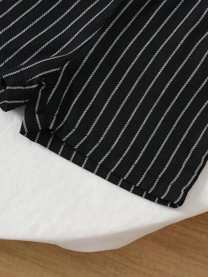 SHEIN 3 قطع ملابس للأطفال الرضع والصغار من الأولاد، طقم بلوزة مخططة باللونين الأبيض والأسود بأسلوب جنتلمان، شورت، وكاب قابل للإزالة، من قطن عالي الجودة