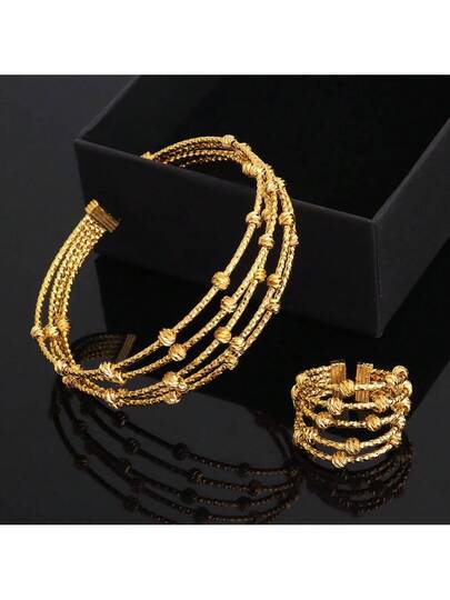 مجموعة سوار وخاتم مطلي بالذهب عيار 24 قيراط قابلة للتعديل، مجوهرات نسائية، بتصميم مغربي مجوف، مجوهرات بوهيمية قابلة للتكديس، مجموعة مجوهرات أزياء نسائية سعودية