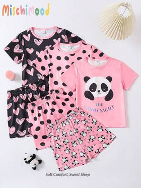 SHEIN 6 طقم بيجامة للفتيات مكون من شورت وقميص كم قصير مطبوع عليه شكل قطة وأشكال نقاط