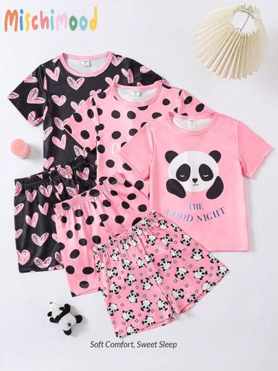SHEIN 6 طقم بيجامة للفتيات مكون من شورت وقميص كم قصير مطبوع عليه شكل قطة وأشكال نقاط