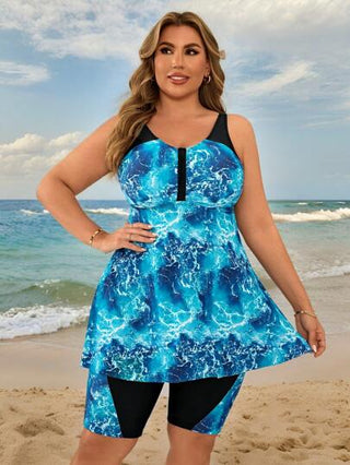 SHEIN Swim Curve مجموعة بكيني حلقي مطبوع بتأثير ربط للنساء مقاسات كبيرة، باللون الأزرق والأبيض، للشاطئ والمنتجعات