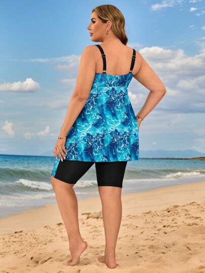 SHEIN Swim Curve مجموعة بكيني حلقي مطبوع بتأثير ربط للنساء مقاسات كبيرة، باللون الأزرق والأبيض، للشاطئ والمنتجعات