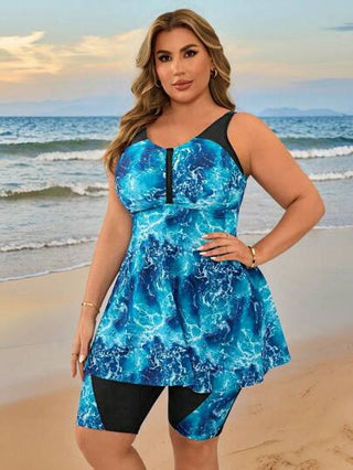 SHEIN Swim Curve مجموعة بكيني حلقي مطبوع بتأثير ربط للنساء مقاسات كبيرة، باللون الأزرق والأبيض، للشاطئ والمنتجعات
