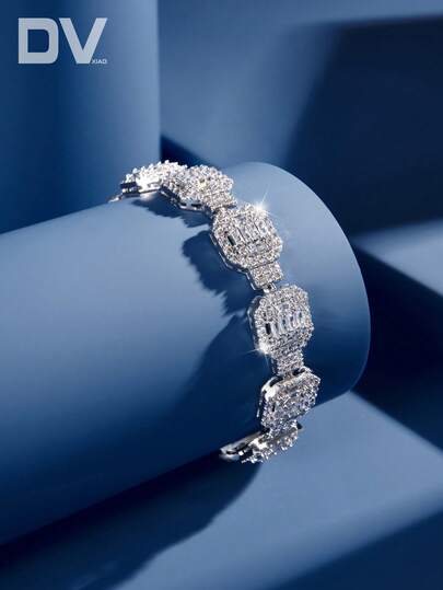 DV JEWELRY قطعة واحدة سوار فاخر مطلي بالذهب الأبيض والزركون، مجوهرات أنيقة للنساء، مناسب للمواعيد، الزفاف، هدية للأم، الحفلات، المناسبات السنوية