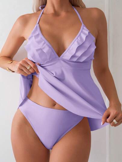 طقم تانكيني حريمي Swim Mod مجموعة بيكيني بتنورة منفوشة يربط عند الرقبة، لون كتلة، للنساء، للصيف و الشاطئ
