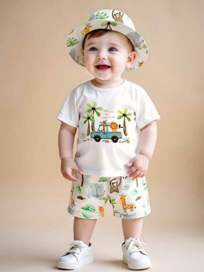 SHEIN Playful Pals كنزة برمز مطبوعة ذات أكمام قصيرة وشورت مجموعة، للأطفال الرضع والصغار، للربيع والصيف 2 قطعة