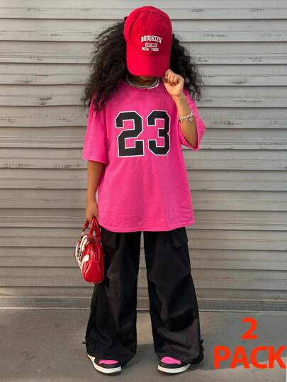girls-sets Coolane طقم بنطلون وتي شيرت مكون من قطعتين للبنات مراهقات، تي شيرت برقم وبنطلون كارجو، لملابس الشارع الصيفية