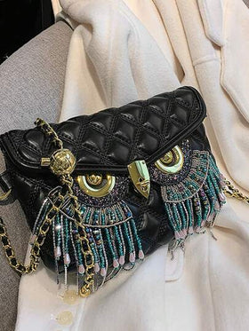 حقيبة يد نساء من الجلد المزيّن بسلسلة، شرابة مزيّنة بحلي وخرز، حقيبة كتف وعبر الجسم ذات تصميم مُكعّب صغير بنمط البوم المعدني، مناسبة للتسوق والمحفظة وطالبات الجامعة والسيدات العاملات، مثالية للمكتب والجامعة والعمل والتنقلات والأنشطة الخارجية والسفر