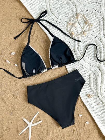 Bikinx مجموعة بكيني مع نقشات وأشرطة مطرزة، كوب مثلث، وتفاصيل من الدانتيل للسيدات، للشاطئ والإجازات