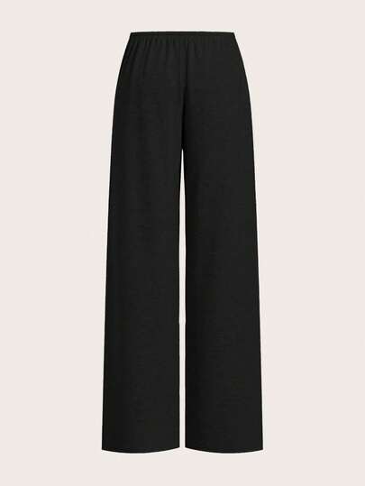 SHEIN EZwear بناطيل نسائية كاجوال واسعة الساق مصنوعة من قماش مضفر ملون