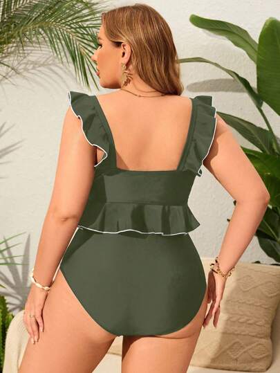 Swim Lushoire مجموعة بكيني قطعتين بشريط ملون كتل لوحدات اللون وكشكشة على الهيم للمرأة البدينة، فساتين شاطئ/منتجع صيفي