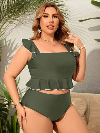Swim Lushoire مجموعة بكيني قطعتين بشريط ملون كتل لوحدات اللون وكشكشة على الهيم للمرأة البدينة، فساتين شاطئ/منتجع صيفي