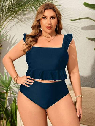 Swim Lushoire مجموعة إجازة على الشاطئ لباس السباحة من قطعتين للمرأة مقاسات كبيرة، بيكيني ذو قصة مكشكشة في الأطراف بألوان متباينة، بحمالات صلبة اللون