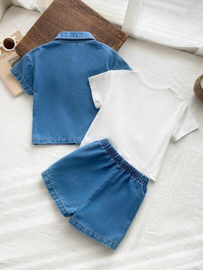Vintaside Kids 3 قطع لملابس أطفال صبيان: قميص جينز قصير الأكمام ذو ياقة، وتي شيرت، وشورت. مناسب للأنشطة الخارجية والارتداء اليومي في الربيع والصيف