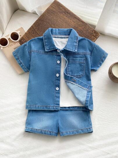 Vintaside Kids 3 قطع لملابس أطفال صبيان: قميص جينز قصير الأكمام ذو ياقة، وتي شيرت، وشورت. مناسب للأنشطة الخارجية والارتداء اليومي في الربيع والصيف