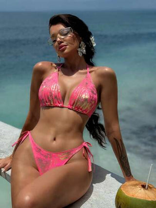 Swim SXY مجموعتان من ملابس علوية كشكش بدون ظهر وأسفل بيكيني مربوط جانبيا، ملابس السباحة مع طبعات جلد الأفعى الذهبية، أحدث موضة صيفية للنساء