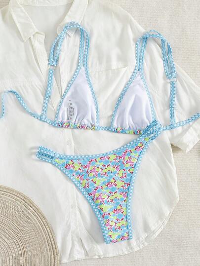 طقم تانكيني حريمي Swim Vcay مجموعة من قطعتين للسباحة منقوشة بطبعات الفواكه وألوان متباينة ، ملابس علوية تانكيني وسفلي مربوط عند الورك ، ملابس السباحة المناسبة لفصل الصيف