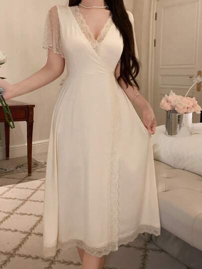 DAZY فستان منزلي نسائي من الشبك المنقط بتصميم الرقعة المحبوكة رمضان