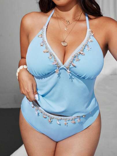 Swim Vcay ملابس علوية نسائية ذات رقبة على شكل حرف V وسراويل على شكل ثلاثي عالي الخصر، من أقمشة مضلعة باللون الأزرق، مقاسات كبيرة، للشاطئ والعطلات