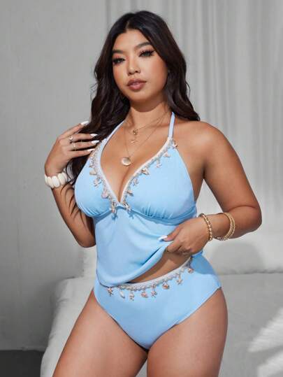 Swim Vcay ملابس علوية نسائية ذات رقبة على شكل حرف V وسراويل على شكل ثلاثي عالي الخصر، من أقمشة مضلعة باللون الأزرق، مقاسات كبيرة، للشاطئ والعطلات