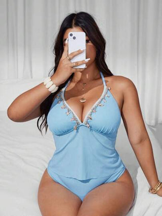 Swim Vcay ملابس علوية نسائية ذات رقبة على شكل حرف V وسراويل على شكل ثلاثي عالي الخصر، من أقمشة مضلعة باللون الأزرق، مقاسات كبيرة، للشاطئ والعطلات