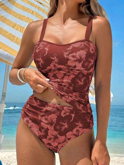 طقم تانكيني حريمي Swim Lushoire مجموعة من 2 قطعة من الأعلى محصور بأزهار وسبطانة وبيكيني عالي الخصر مطبوع ، ملابس سباحة مجموعة صيفية