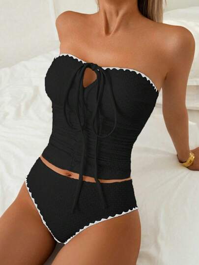 طقم تانكيني حريمي Swim Lushoire مجموعة بكيني قطعتين للنساء، سترة علوية ذات حواف مدببة متطايرة باللون الأسود ، وسروال مثلث، من خامة الفقاعات، للصيف والشاطئ