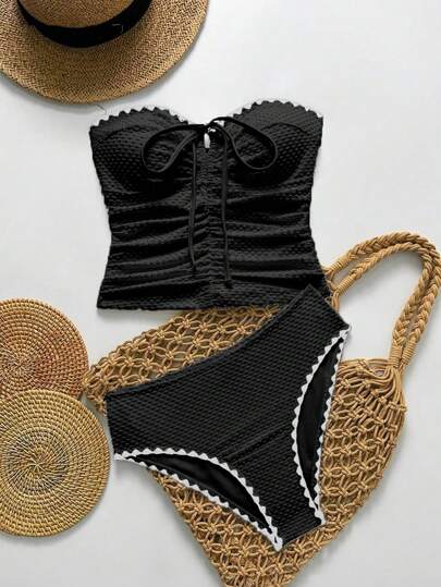 طقم تانكيني حريمي Swim Lushoire مجموعة بكيني قطعتين للنساء، سترة علوية ذات حواف مدببة متطايرة باللون الأسود ، وسروال مثلث، من خامة الفقاعات، للصيف والشاطئ