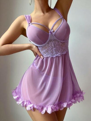 لانجيري حريمي 2 قطعة طقم قميص نوم لسيدات مثيرة مزهريات ثلاثي الأبعاد مع تطريز دانتيل على شكل شبك
