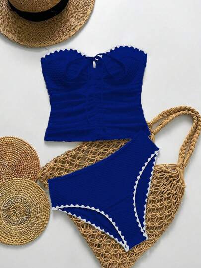 طقم تانكيني حريمي Swim Lushoire طقم ملابس سباحة للنساء يتكون من توب أنبوبي مُزين بكشكشة من قماش الفقاعات الأزرق والبرقع المثلث كسروال السباحة، ملابس شاطئ صيفية