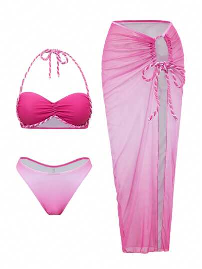 Swim SXY بدلة سباحة نسائية مكونة من 3 قطع: شورت سباحة ضيق عالي القطع بتصميم عطلة صيفية وألوان سادة ، وتنورة شاطئية مصمتة مع شق على الجانب