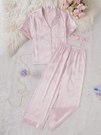 بيجاما مجموعة بيجاما فتيات مراهقات قطعتين ، ملابس علوية أكمام قصيرة بنقشة شريطية رأسية ونسيج جاكار متطرف وبنطلون طويل ، بلون وردي